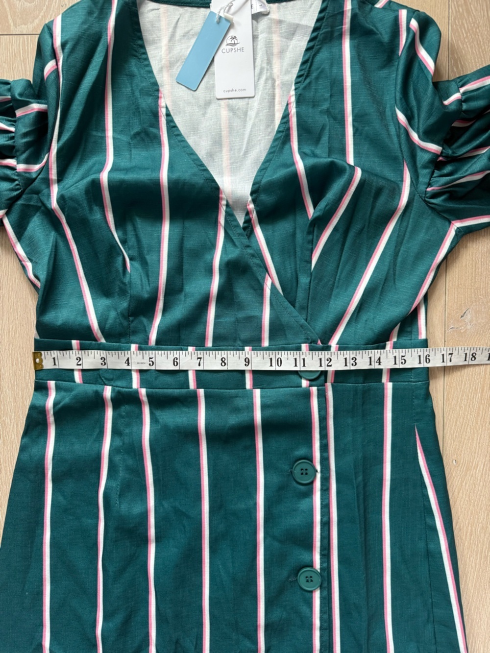 NWT Cupshe Pinstriped Puff-Sleeve Midi Dress in Green & Pink Women’s Size Large - Picture 12 of 13